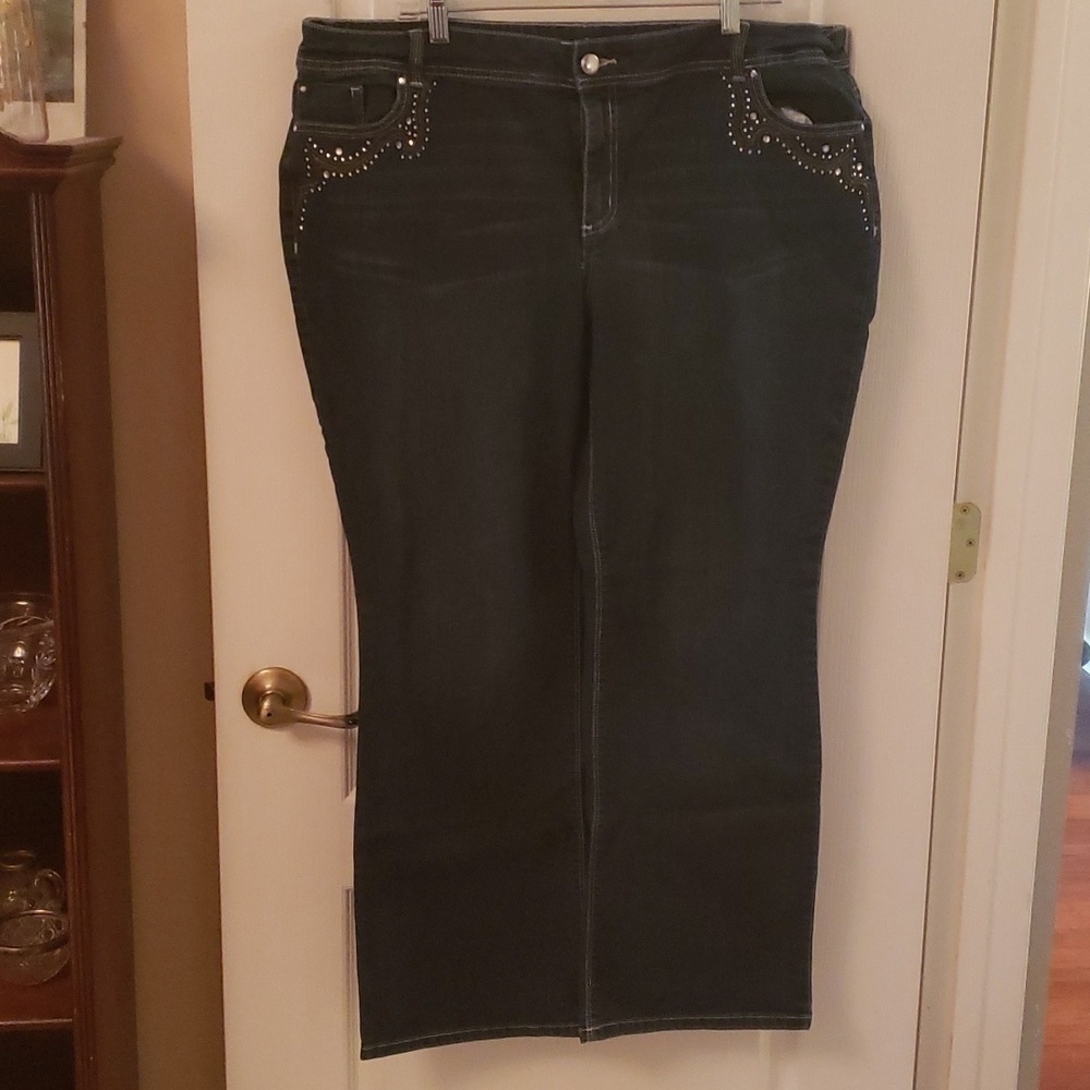 Chico's Jeans Platinum Dark denim Boot cut with Rhinstone pockets - Picture 5 of 9